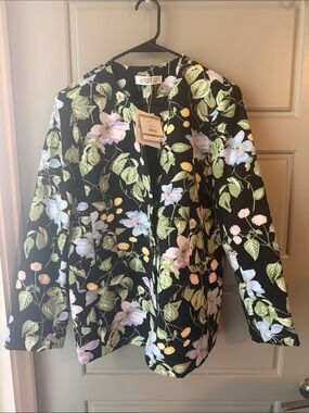 NWT Kasper Black Floral Open-Front Blazer with Green Leaves and Lavender Flowers